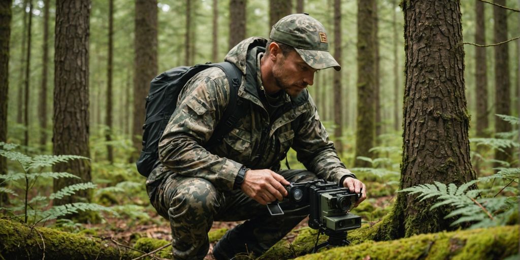 Chasseur installant une caméra dans la forêt