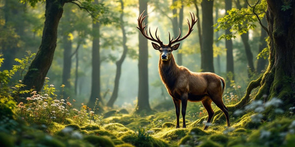 Un cerf majestueux dans une forêt verdoyante.