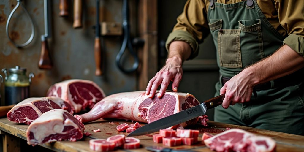 Un chasseur découpe un sanglier avec des outils.