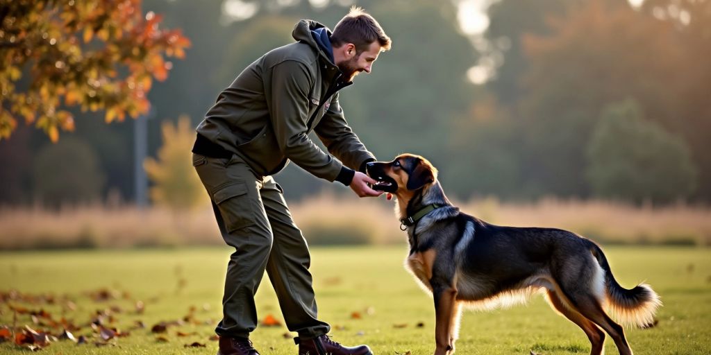 Un entraîneur avec un chien de chasse en plein air.