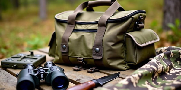 Sac de chasse sur une table en bois.