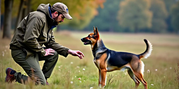 Un chien de chasse en dressage avec son maître.