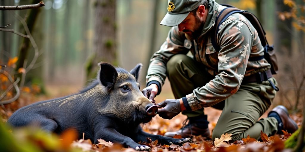 Chasseur nettoyant un sanglier dans la forêt.