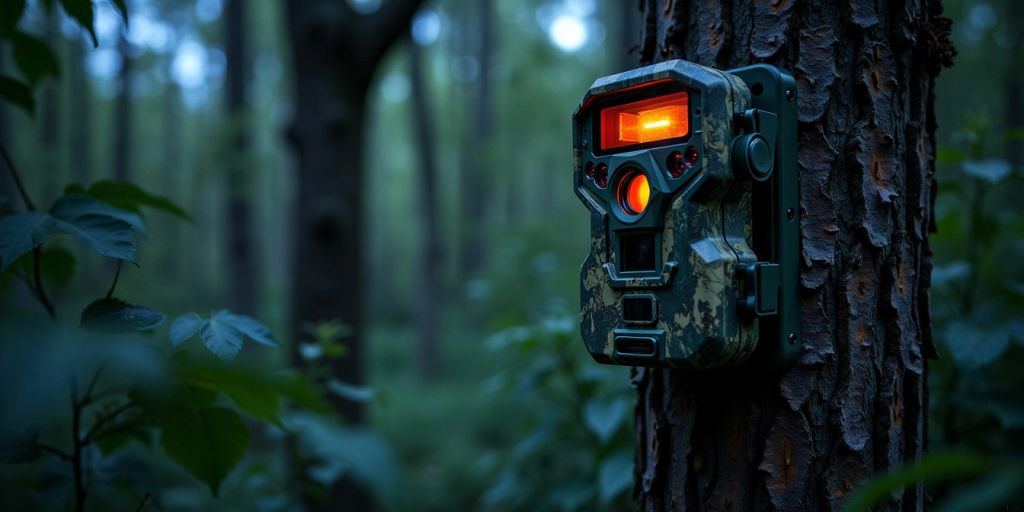 Caméra de chasse infrarouge sur un arbre la nuit.