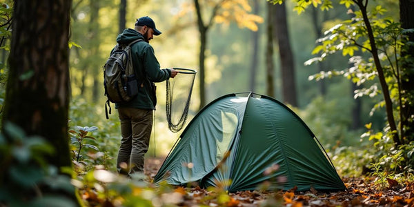 Débutant installant un filet de chasse dans la forêt.