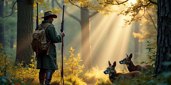 Chasseur dans la forêt avec des animaux sauvages.