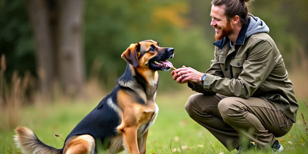 Un entraîneur avec un chien de chasse en plein air.