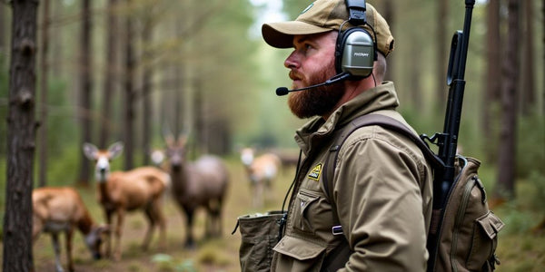 Chasseur avec casque de protection dans la forêt.