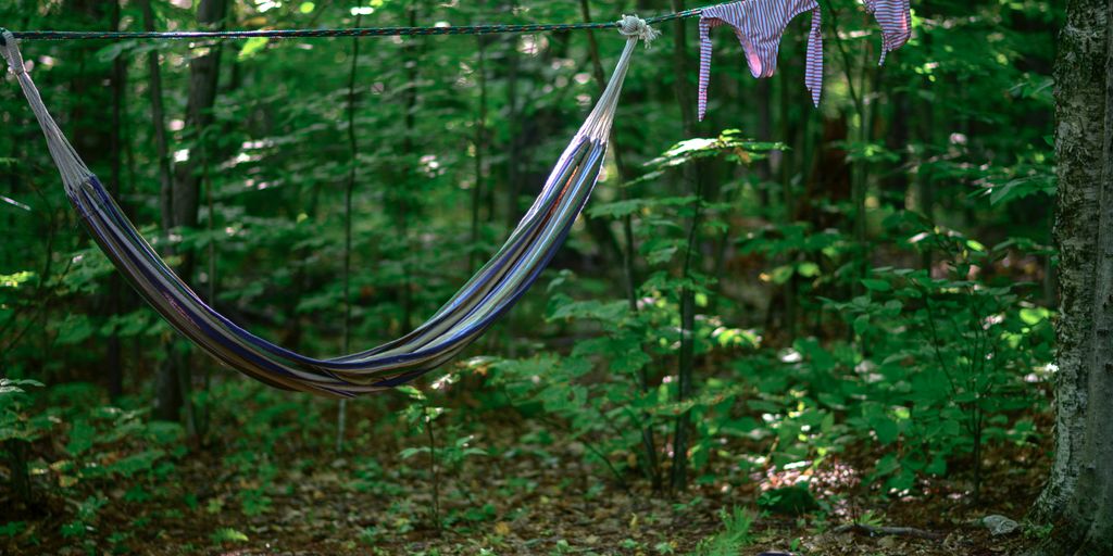 a hammock hanging from a rope in the woods